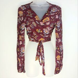 FOREVER 21 Women’s Burgundy Floral Cropped Wrap Top Medium Cottagecore Boho
